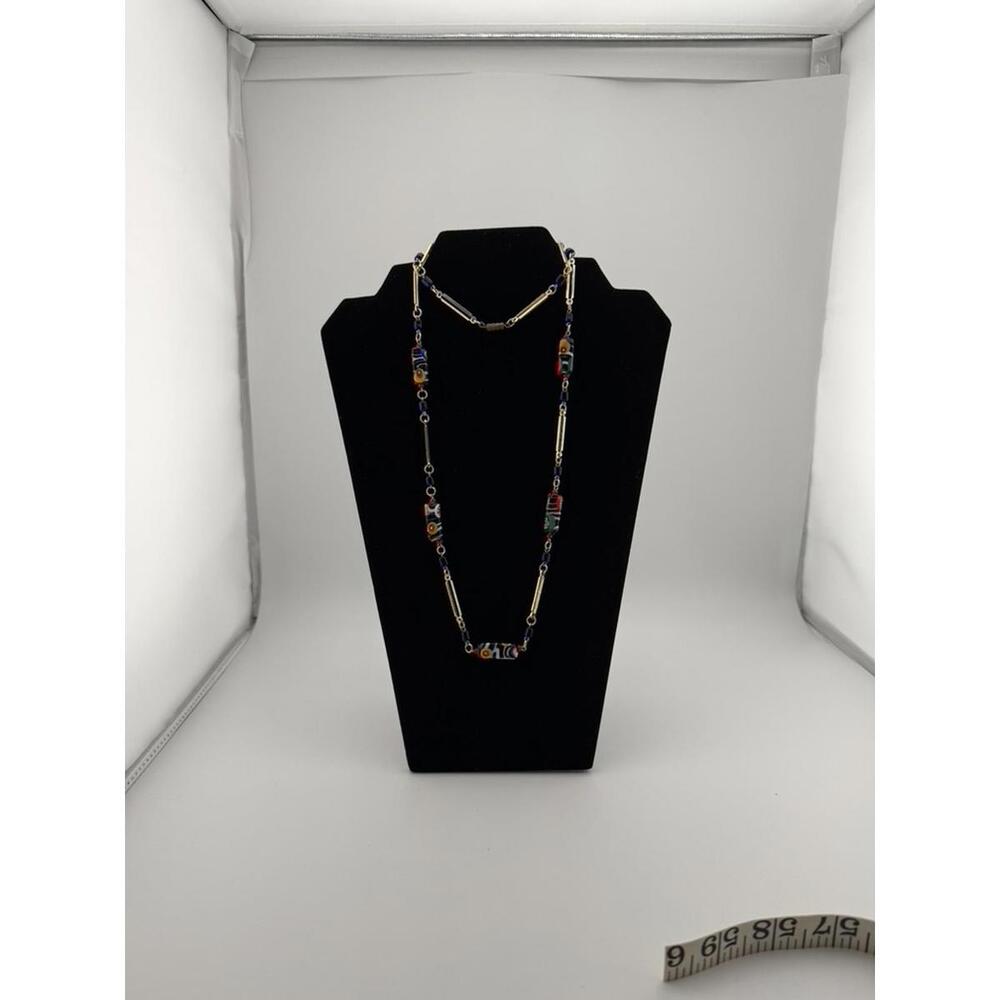 Art Deco Millefiori-Murano Glass Tube Bead Necklace| Gold Bar | Colorful - Picture 4 of 9